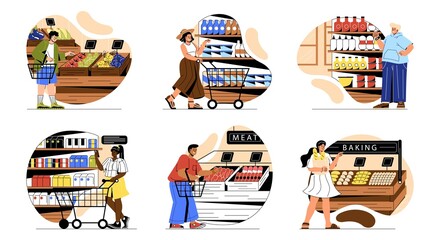 Set of people choosing food. Young men and women shopping in supermarket or grocery store. Characters with carts and baskets buy products. Cartoon flat vector collection isolated on white background
