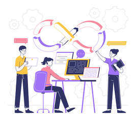 DevOps development operations, software engineering culture. Programming analysis, software developers team flat vector illustration. DevOps team workflow