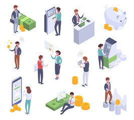 Obraz na płótnie Canvas Isometric business people financial analysis, successful profit strategy. Invest and money saving, characters make and save funds vector illustration set. Financial analytics collection