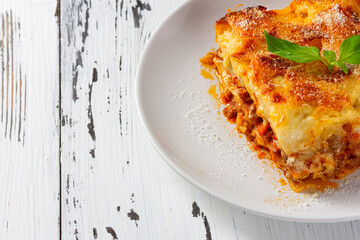 traditional lasagna with minced beef bolognese sauce