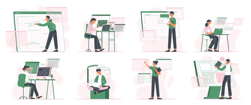 Programmers software engineers and developers coding and testing project. Script coding, python and javascript programming developers flat vector illustration set. Software developers