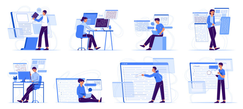 Software developers, programmers and IT engineers characters. Coding, testing and it development, programmers work with computers flat vector illustration set. Programmer development