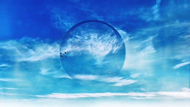 Birds flies in blue sky. Cristal ball