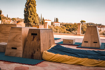 Parkour training Fitness equipment skill jumping blocks trapezoidal combination, outdoor sport summer camp, mats for acrobatic