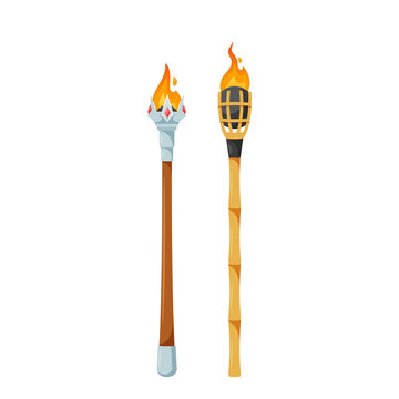 Medieval Or Tiki Torches, Game Assets, Ancient Lantern With Burning Fire And Wooden Or Bamboo Handle, Flaming Flambeau