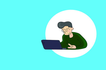 A man works on a laptop. Illustration for job search, for remote work. Vector
