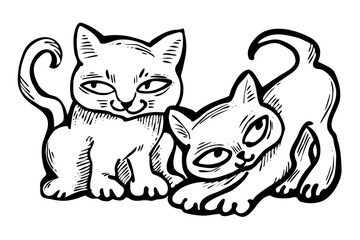 Naklejka premium Cute cats friends sitting together. Decorative border, banner, postcard, poster print for kids room or birthday. Logo design for veterinary. Hand drawn illustration. Cartoon style character drawing.