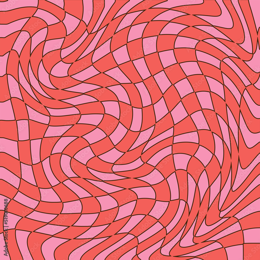 Poster checkered background with distorted squares. trippy grid retro checkerboard pattern in 1970s style. 