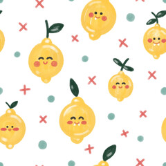 Children's Scandinavian vector pattern with lemons, crosses and dots on a white background. Cute doodles in watercolor style for kids, textiles, decor, interior, prints, wrappers, postcards