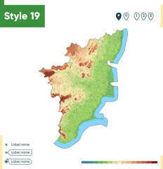 Tamil Nadu, India - high detailed physical map. Vector map. Dem map.