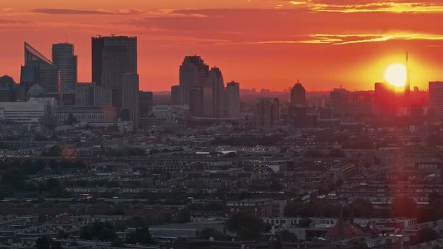 The Hague's Skyline at sunrise, filmed with a telephoto drone camera