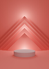 Bright, neon, salmon pink 3D illustration simple, minimal product display with one cylinder stand with abstract pyramid triangle and lights at the top in the background