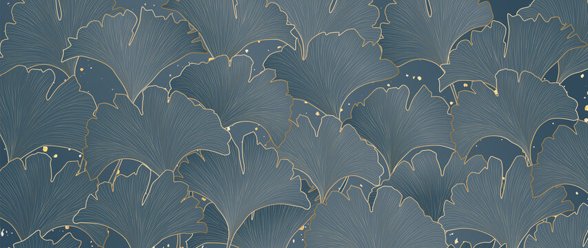 Abstract luxury blue background with ginkgo leaves in hand drawn golden line style. Botanical banner for packaging design, textile, decor, wallpaper, print.