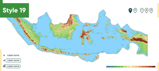 Indonesia - high detailed physical map. Vector map. Dem map.