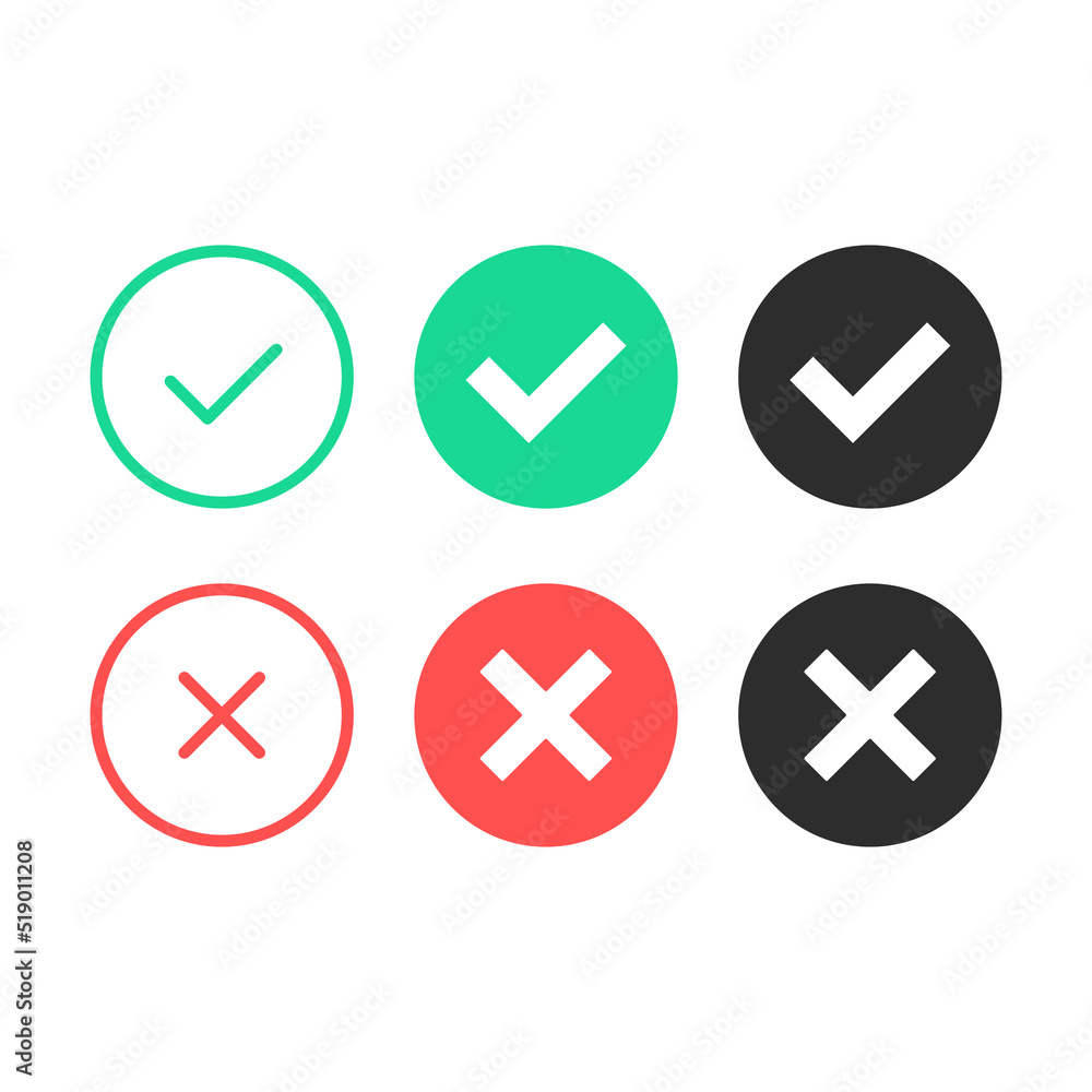 Poster check mark icons. vector line icons and flat icons set. green tick and red cross checkmarks, black c