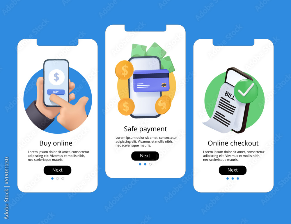 Aufkleber mobile app ui, ux interface screens set. 3d vector onboarding. online payment app mockup, template. 