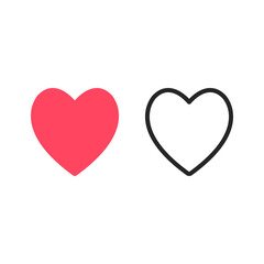 Heart icons set. Red heart and black line heart symbols. Vector icons isolated on white background