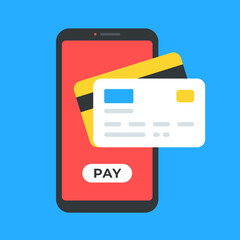 Mobile payment app. Mobile phone and credit card with pay button. Smartphone and cashless payment. Modern vector illustration