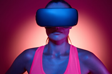 Confident young woman wearing virtual reality glasses against colorful background