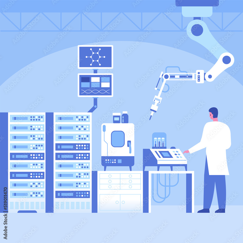 Poster automated scientific laboratory interior with robotic technology scientists analyses data of researc