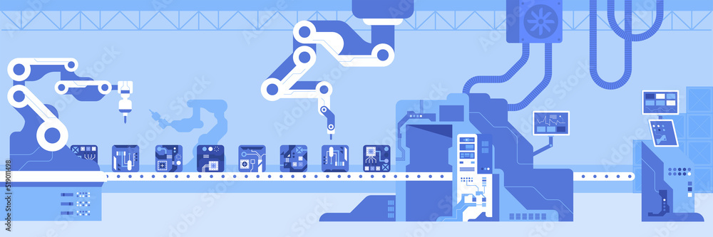 Poster robotized equipment assembling electrical items flat color vector illustration. production line and 