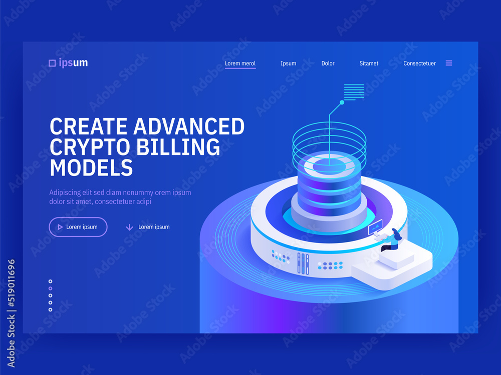 Poster create advanced crypto billing models isometric vector image on blue background. digital invoices fo