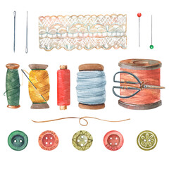 Watercolor hand-drawn vintage set for sewing, needlewoman, fashion, giftbox with strings, wooden buttons, fabric and colorful neddles.