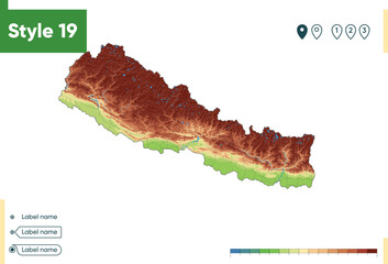 Nepal - high detailed physical map. Vector map. Dem map. - obrazy, fototapety, plakaty