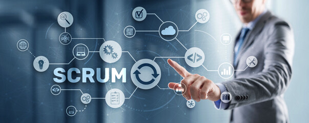 SCRUM. Hand presses the inscription scrum on a virtual panel. Agile development methodology