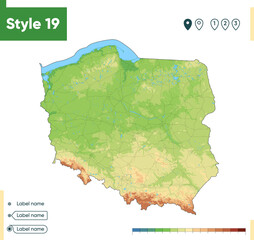 Poland - high detailed physical map. Vector map. Dem map.