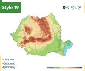 Romania - high detailed physical map. Vector map. Dem map.