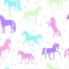unicorns, stars seamless white background, vector