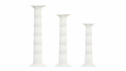 Three antique columns white color, of different sizes. Isolated on white background. 3D rendering. Place for text. Copy space. Presentation of cosmetics, product. Background, advertising, wallpaper
