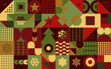 Geometryczna świąteczna kompozycja - kolorowa mozaika z gwiazdkami i płatkami śniegu na Boże Narodzenie. Powtarzający się wzór w stylu bauhaus do zastosowania jako tło do projektów. - obrazy, fototapety, plakaty