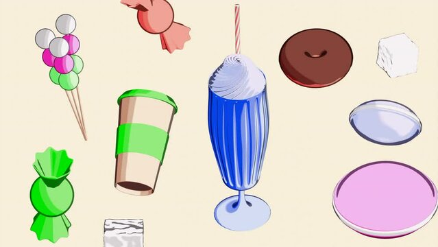 Still life of sweets. Design.A white background on which sweet various desserts in animation rotate in different directions.