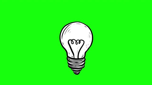 Animated Hand Drawn Light Bulb Gif Isolated on Green Chroma Key Background. Idea, Education or Technology Concept 4K Video motion graphic animation. Turning on and Turning Off Light Bulb Animation.
