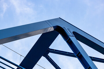 Bridge close-up, metal bridge construction, iron beams