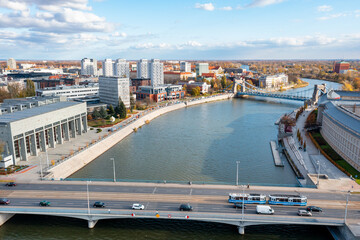 Aerial view of Wroclaw city, bridges passing over Odra river in Wroclaw, Poland - obrazy, fototapety, plakaty