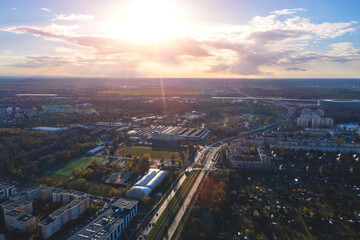 Panoramic top view of the old European Polish city of Wroclaw, View of high-rise residential buildings from a great height