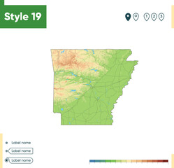Arkansas, USA - high detailed physical map. Vector map. Dem map.