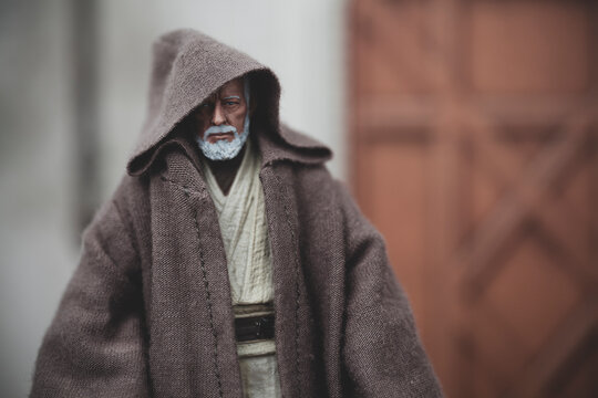 NEW YORK USA, JULY 31 2022: Star Wars Jedi Ben Obi-Wan Kenobi on Tatooine  - customized Hasbro action figure