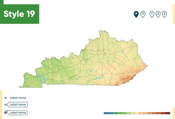 Kentucky, USA - high detailed physical map. Vector map. Dem map.