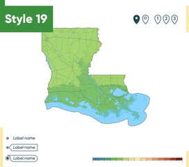 Louisiana, USA - high detailed physical map. Vector map. Dem map.
