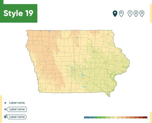Iowa, USA - high detailed physical map. Vector map. Dem map.