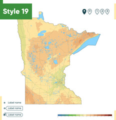 Minnesota, USA - high detailed physical map. Vector map. Dem map.