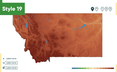 Montana, USA - high detailed physical map. Vector map. Dem map.