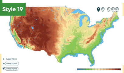 USA, United States Of America - high detailed physical map. Vector map. Dem map.