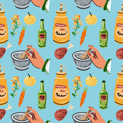 Bright seamless pattern for kitchen design, for the menu of restaurants, cafes and canteens. Fresh food. Harvest. Sauces, mayonnaise, mustard.  - 519016015