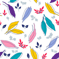 Seamless pattern with leaves. Beautiful background with hand-drawn plants. Eco nature vector print.