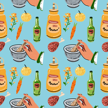 Bright seamless pattern for kitchen design, for the menu of restaurants, cafes and canteens. Fresh food. Harvest. Sauces, mayonnaise, mustard. 